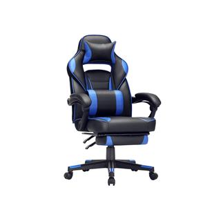 Flot gamerstol fra Vasagle i sort/koboltblå set forfra i en skrå vinkel.